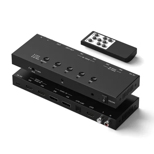 8K HDMI Switcher, 4HDMI in- 4 Out(HDMI Output/Optical Digital Audio Output/Analog L/R Stereo Audio Output/3.5mm Analog Stereo Headphone Output) with