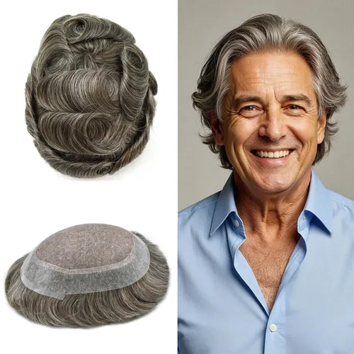 Miniatura 57 de Tupé para hombres, piezas de cabello humano real, sistema de unidades de cabello natural, línea capilar natural, pieza de repuesto para hombres