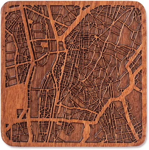 Miniatura 160 de Posavasos Amsterdam Map by O3 Design Studio, 1 pieza, posavasos de madera Sapele con mapa de la ciudad, hecho a mano, varias ciudades opcionales