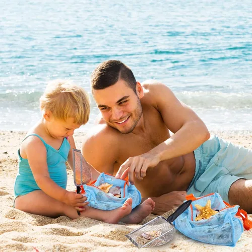 Miniatura 4 de Vodolo 2 PCS Palas de Malla de Playa con 2 PCS Bolsas de Playa de Malla para Filtrar Arena, Recogedor de Conchas para Niños para Recoger Conchas