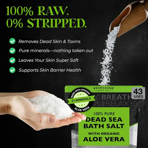Miniatura 2 de Aromasong Sal del Mar Muerto con aloe vera orgánico, sales de baño de spa, paquete resellable fino a granel de 19 libras, 100% pura y natural