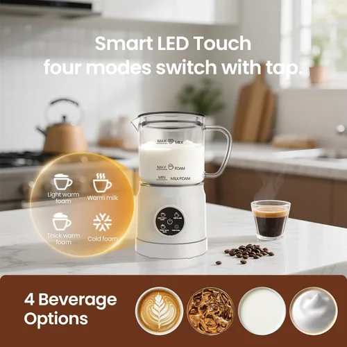 Miniatura 4 de Casimhu Espumador de Leche 4 en 1, Espumador de Leche Eléctrico y Vaporizador con Pantalla Táctil LED, Fondo Forrado de Cerámica, Calentador