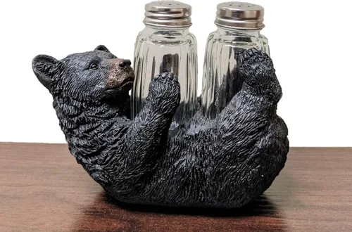 Miniatura 8 de Juego de saleros y pimenteros rústicos de oso negro en la parte posterior, accesorio decorativo de resina y vidrio para mesa de cocina, decoración