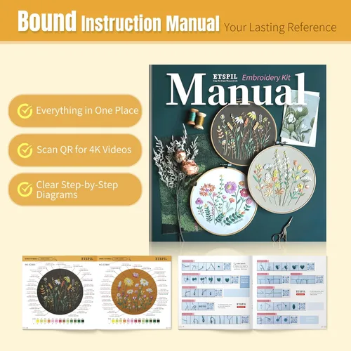 Miniatura 5 de ETSPIL Kit de bordado para adultos y adolescentes, paquete de 4 muestrarios florales, 2 aros ajustables, tela preimpresa, 17 hilos vibrantes, 16