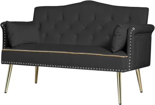 Miniatura 6 de hansones Sofá biplaza moderno de terciopelo de 55 pulgadas con patas de metal dorado y bolsillos laterales, respaldo copetudo, perfecto para sala