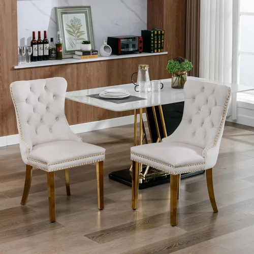 Miniatura 2 de Juego de 2 sillas de comedor de terciopelo, sillas de comedor tapizadas con tirador de anillo trasero, ribete de cabeza de clavo y patas doradas