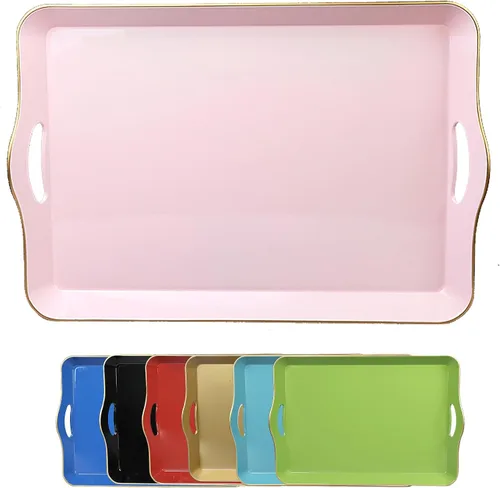 Miniatura 13 de Bandeja decorativa redonda azul con asas, bandeja de servir elegante de 13" para mesa de café, estilo otomano para sala de estar, baño, exteriores