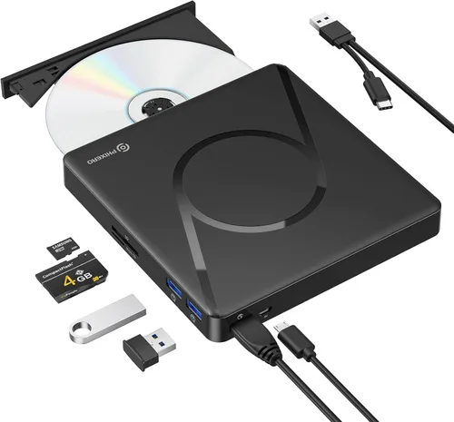 PHIXERO Unidad de DVD externa para portátil, USB 3.0 Tipo-C CD/DVD +/-RW ROM Burner reproductor de DVD con 2 puertos USB A y ranura para tarjeta