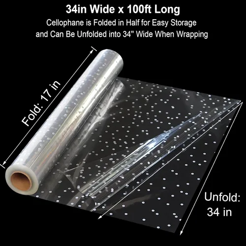 Miniatura 2 de Rollo de celofán transparente extra ancho de 100 pies x 34 pulgadas con punto blanco irregular, rollo de celofán más grueso transparente, cestas