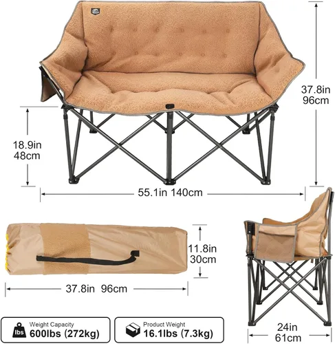 Miniatura 3 de Silla plegable para camping, silla doble portátil con soporte para tazas, soporte para copas de vino, bolsa de transporte resistente para 2 adultos