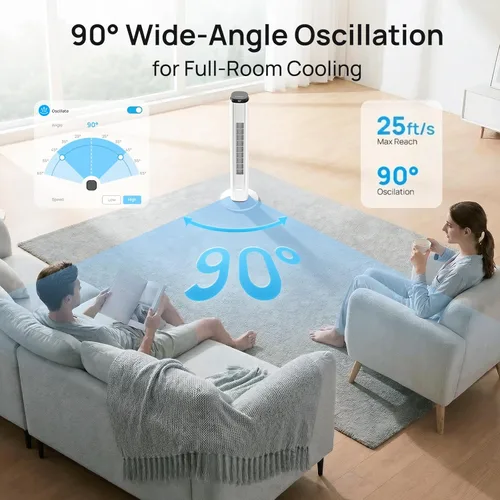 Miniatura 4 de ZAFRO Ventilador de torre para dormitorio, ventilador de piso silencioso de 28 dB con 4 modos, 6 velocidades, oscilación de 90°, control remoto