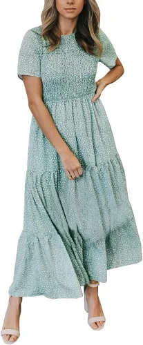 Zattcas - Vestido largo informal de verano para mujer, vestido escalonado con estampado floral, detalle fruncido, manga corta, cuello redondo, con