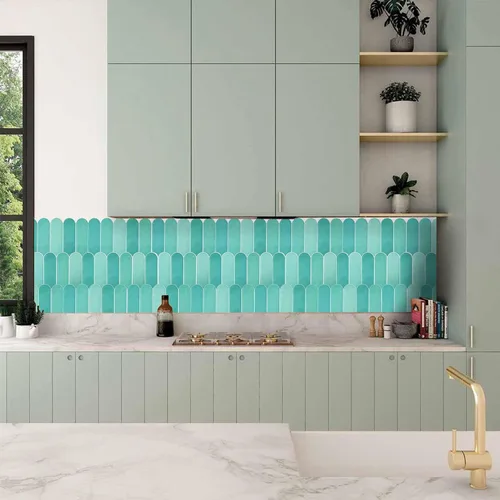 Miniatura 6 de Azulejos para Salpicaduras de Despegar y Pegar, Azulejos Autoadhesivos 3D Verde Brillante con Diseño de Pluma de Pavo Real para Cocina y Baño