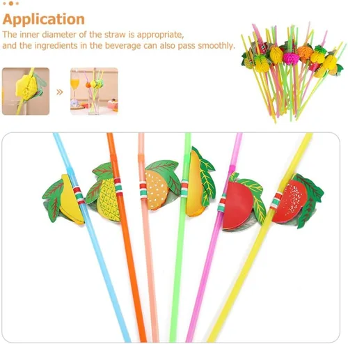 Miniatura 5 de Kichvoe Paquete de 60 pajitas de fiesta con temática hawaiana, agitadores de bebidas en forma de fruta para niños y niñas, pajitas de plástico