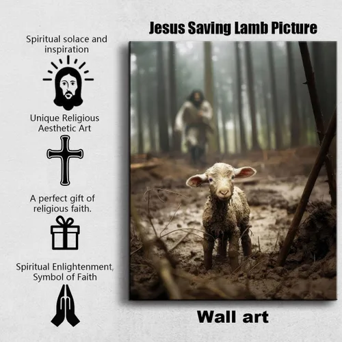 Miniatura 5 de Arte de pared en lona de Jesús y el Cordero Jesús corriendo tras el cordero perdido Imagen de pared Arte de impresión en lona Cristiano Cordero