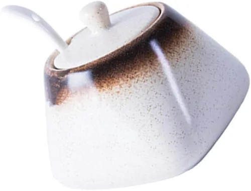 Cabilock Azucarero japonés de cerámica, recipiente de condimento vintage, tarro de almacenamiento de sal con tapa y cuchara para cocina, Moca