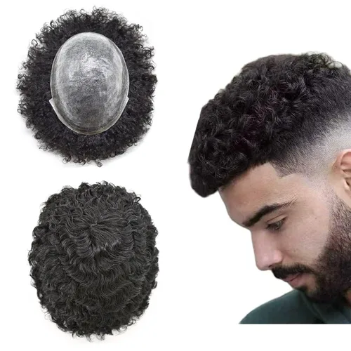 Miniatura 15 de Tupé rizado afro para hombres negros Full Poly African American Curl sistemas de cabello humano inyectado PU Coily Male Hairpieces Poly Hair