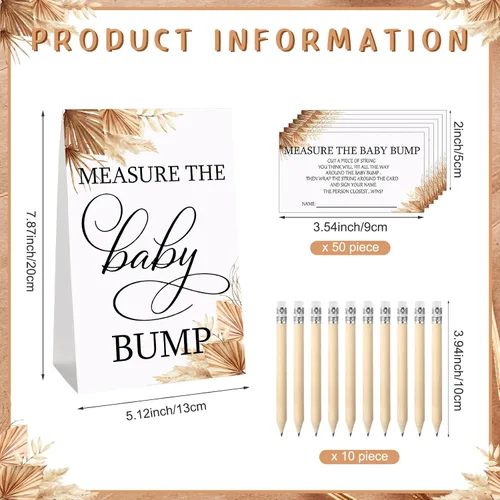 Miniatura 2 de Fumete Juego de 65 piezas para baby shower, incluye letrero bohemio de medir la protuberancia del bebé, 50 tarjetas de adivinanzas, 10 lápices, 2