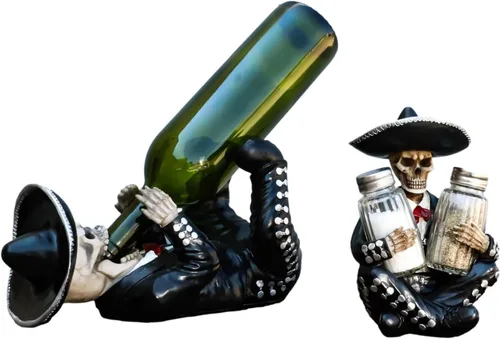 Ebros Gift Juego de 2 figuras tradicionales del Día de los Muertos Esqueleto de Mariachi Folklore Banda Cantante de Vino y Salero Pimentero Salero