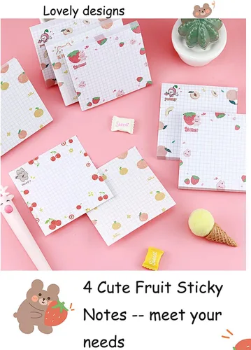 Miniatura 4 de 4 paquetes de notas adhesivas bonitas Notas adhesivas kawaii para memos, 3.1x3.1 pulgadas, notas adhesivas coloridas con frutas para niñas