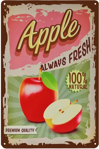 Letrero de lata vintage de manzana, letrero de metal de fruta, letrero decorativo retro para decoración de pared para decoración del hogar