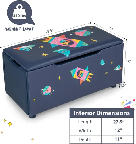 Miniatura 7 de HONEY JOY Caja de juguetes de madera para niños, baúl grande 2 en 1 de almacenamiento de juguetes con asiento acolchado acolchado, asas de Azul