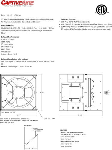 Miniatura 6 de Ventilador de accionamiento directo de hélice de pared para aplicaciones que requieren grandes volúmenes de aire. Incluye caja de pared con pantalla