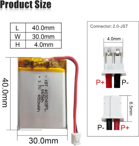 Miniatura 2 de KBT 3.7V 450mAh Batería de Polímero de Litio: 403040 Baterías Recargables de Iones de Litio de Reemplazo con Conector JST 2.0 para Cámara de Tablero