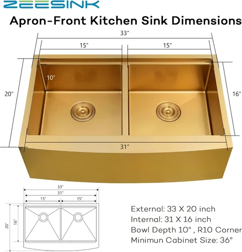 Miniatura 5 de Fregadero dorado de 33 x 20 pulgadas, fregadero de cocina dorado con doble tazón, fregadero de estación de trabajo de granja frontal de 33 pulgadas