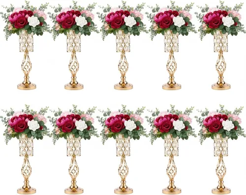Miniatura 10 de Jarrones de cristal para centros de mesa de boda, juego de 2 jarrones dorados de metal, versátiles soportes para flores de 24 pulgadas de alto