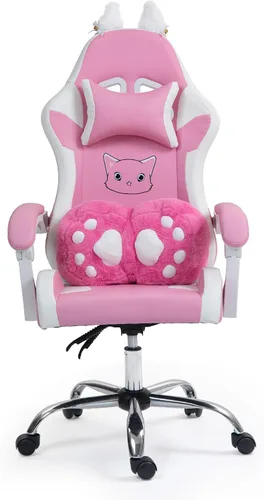 Miniatura 9 de Silla de juegos rosa con cojín lumbar de pata de gato y orejas de gato, sillas reclinables para computadora de juegos de PC, silla ergonómica