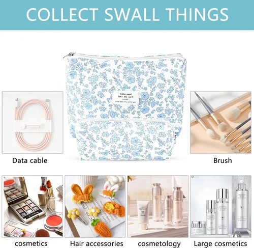 Miniatura 2 de 2 bolsas de maquillaje acolchadas de algodón para viaje, bolsa grande y pequeña para mujeres, bolsas de maquillaje de coqueta floral, bonita bolsa