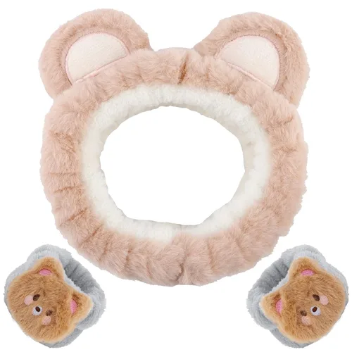 WHAVEL Juego de 3 bandas para el cabello, diadema de spa y pulsera con lindas orejas de oso, bandas de lavado facial para mujeres y niñas (café 01)