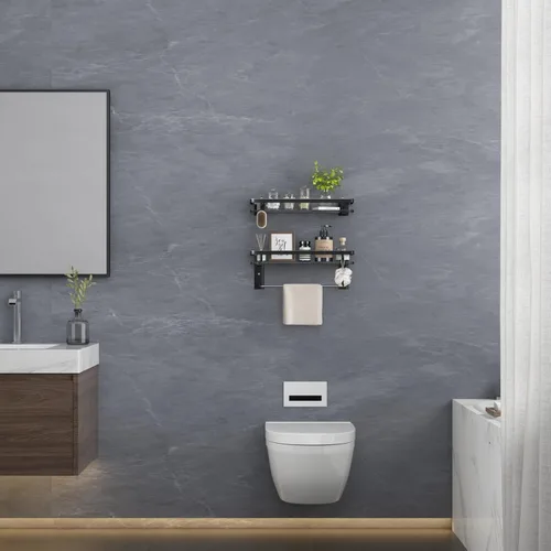 Miniatura 2 de VOLPONE Estante de vidrio para baño de 15.7 pulgadas, estantes de baño negros, estantes de vidrio templado montados en la pared con 4 ganchos