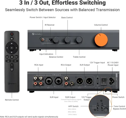 Miniatura 3 de Fosi Audio ZP3 Preamplificador Balanceado para Audio Doméstico, 2 Entradas RCA y 1 XLR, Salidas RCA/XLR y Sub-Out, Preamplificador para Estéreo de 2
