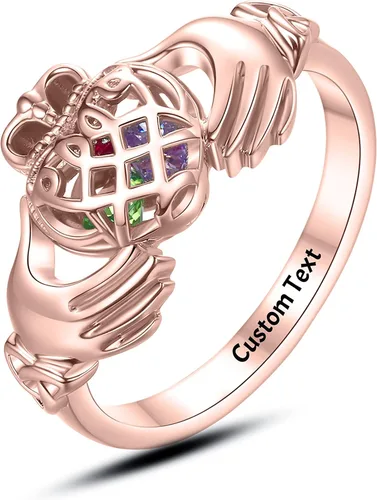 Miniatura 2 de ROWAWA Claddagh Anillo de plata de ley 925 con piedra de nacimiento anillos enjaulados corazón anillos personalizados grabados para niñas y mujeres