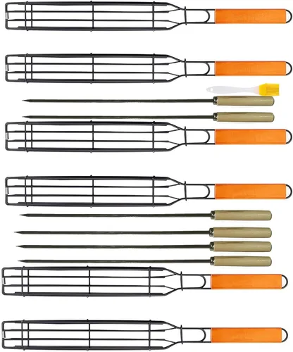 Kabob - Juego de 6 cestas antiadherentes para parrilla y 6 brochetas de acero inoxidable, color naranja, 15.5 pulgadas, acero