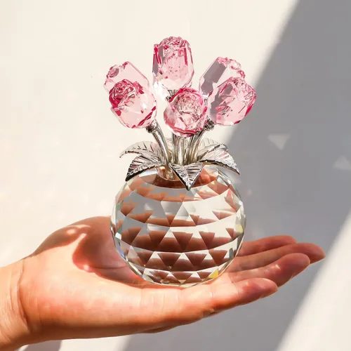 Miniatura 5 de YWHL Figurilla de Flor de Rosa Rosa de Cristal Hecha a Mano con Jarrón Redondo, Regalos de Rosas para Novia, Esposa, Hermana, Regalos Románticos