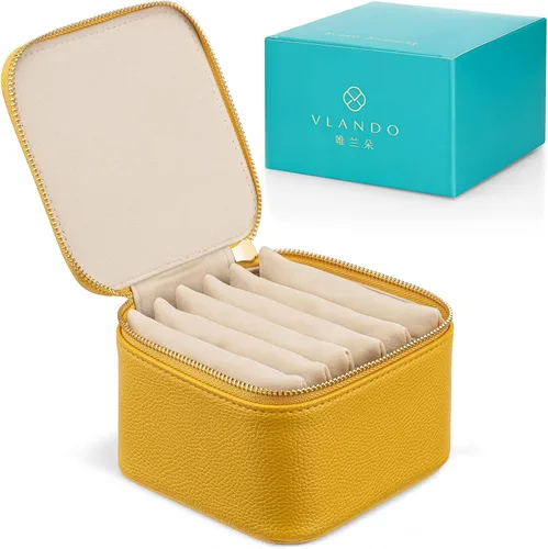 Miniatura 9 de Vlando Joyero de viaje, pequeña bolsa de joyería con 6 bolsillos de terciopelo con cremallera, organizador de joyería de piel sintética para mujeres