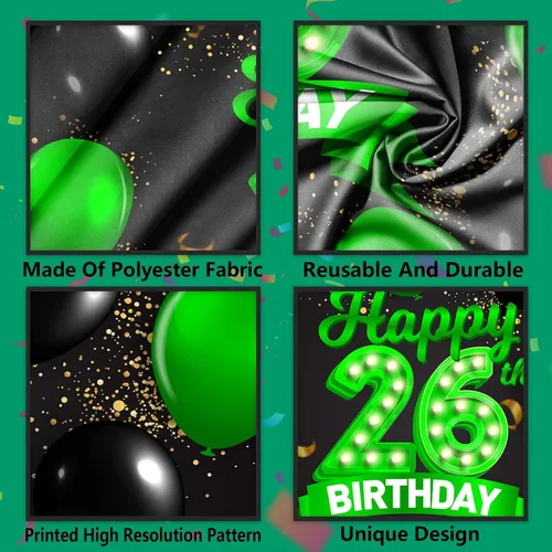 Miniatura 4 de Cartel de feliz cumpleaños 26 verde y negro, telón de fondo con texto en inglés "Cheers to 26 years old confeti", globos de confeti, decoración