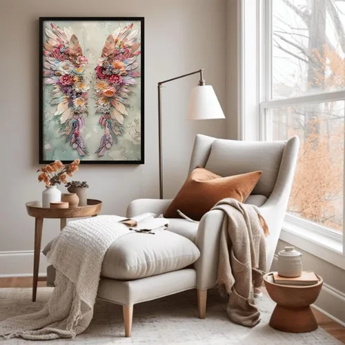 Miniatura 5 de Arte de pared enmarcado abstracto floral con alas de ángel, impresión en lienzo, póster romántico de galería, imagen elegante con plumas y flores