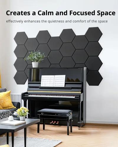 Miniatura 5 de Paneles Acústicos Hexagonales Autoadhesivos para Pared, Paquete de 12 Baldosas Absorbentes de Sonido para Paredes y Puertas, Panel Interior Negro