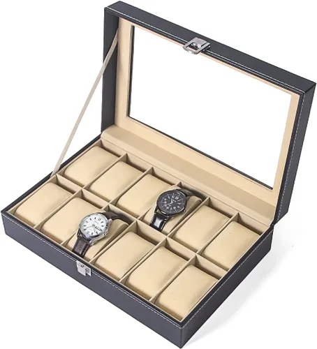 Ausalivan Estuche de reloj, caja organizadora de reloj, bandeja de almacenamiento de reloj de 12 cuadrículas, caja de viaje de joyería negra para