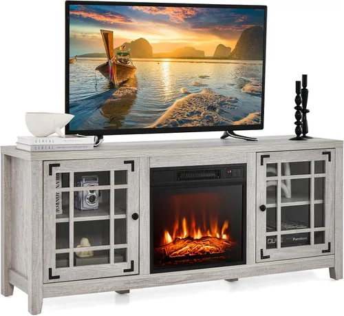Tangkula - Soporte para TV con chimenea para televisor de 65 pulgadas, consola de TV de 58 pulgadas con chimenea eléctrica de 1400W, estantes Natural