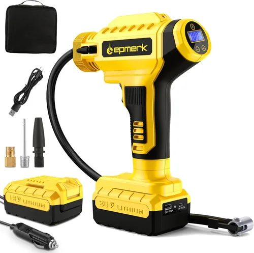 Inflador de neumáticos bomba de aire inalámbrica con medidor de presión, 150 PSI, batería recargable de 20 V 10000 mAh, base de cargador de coche de