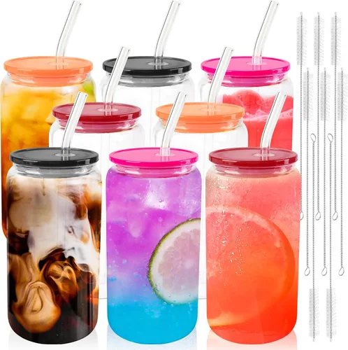 Miniatura 13 de Joyclub 4 vasos de vidrio con tapas y pajitas acrílicas, tazas de café helado de vidrio de 16 onzas con tapas y pajitas, lindos vasos para beber