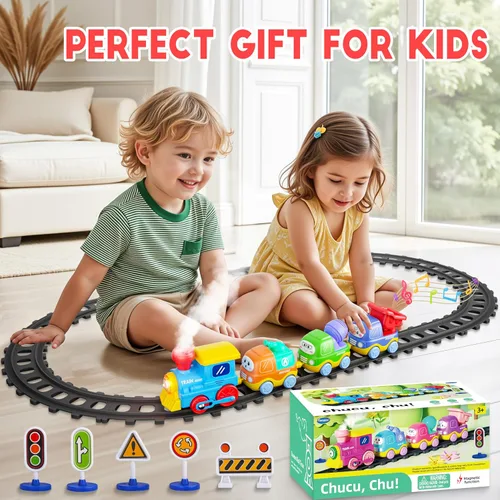 Miniatura 6 de Juego de Tren de Vapor Funwee para Niños Pequeños, Juguetes de Tren con Conexión Magnética y Luces y Sonidos, Tren Eléctrico de Dibujos Animados