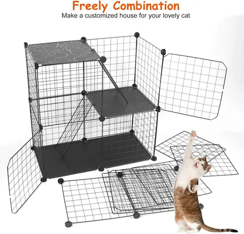 Miniatura 7 de Jaula de 3 niveles para gatos, casa de metal para interiores, casa desmontable para gatitos con 3 puertas, 2 escaleras, lugar de ejercicio