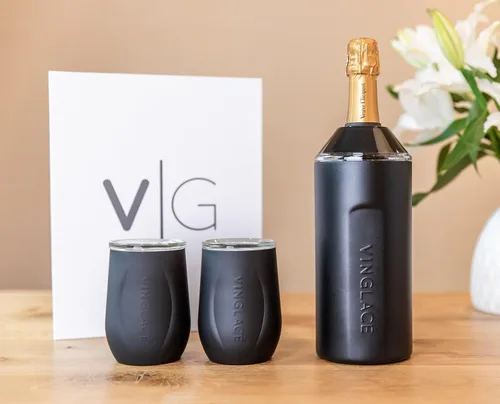 Miniatura 2 de Vinglacé Juego de regalo enfriador de botellas de vino, enfriador de vino portátil de acero inoxidable con 2 copas de vino sin tallo, color negro