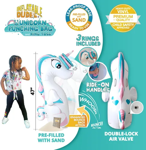 Miniatura 3 de INFLATABLE DUDES Juguete de unicornio de 47 pulgadas, saco de boxeo para niños, ya lleno de arena, bolsa de Bop, lanzamiento de anillos de unicornio